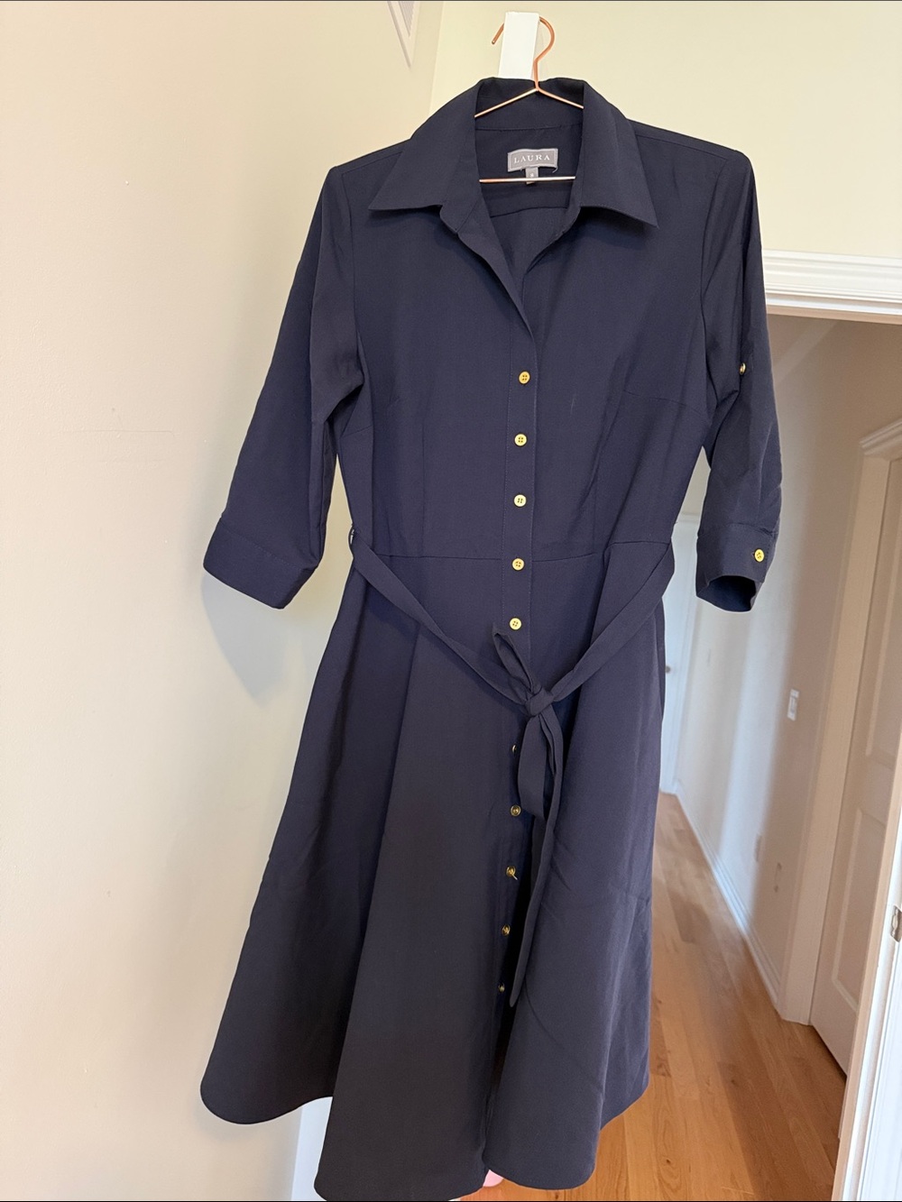 Sezane Navy Button-Front Midi Shirt Dress with Tie Belt